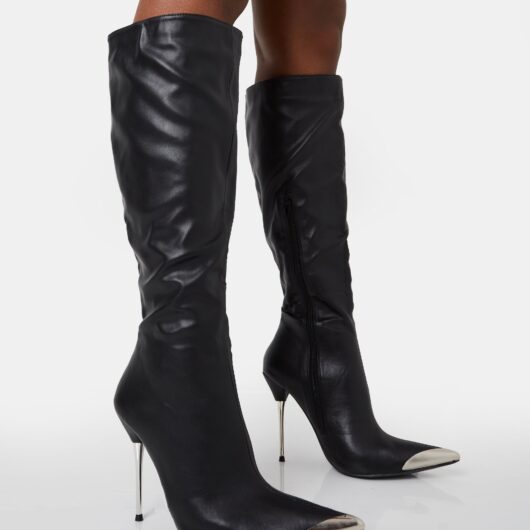 Finery Black Pu Metal Toe Capped Zip Up Knee High Stiletto Boots