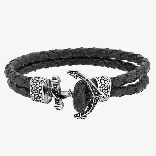 Bourne and Wilde Mens Double Black Leather Anchor Bracelet OSB-1730SBK