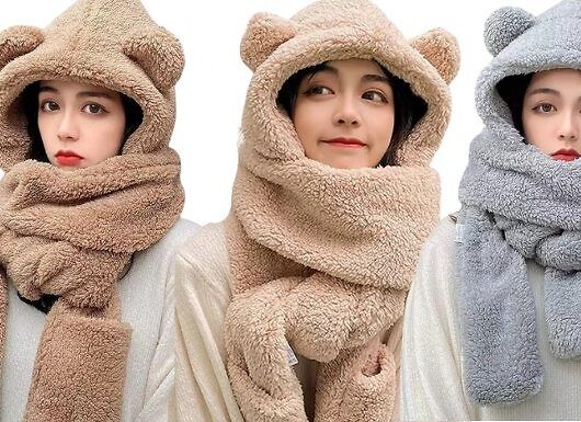3-in-1 Winter Hooded Hat, Scarf & Gloves - 3 Colours