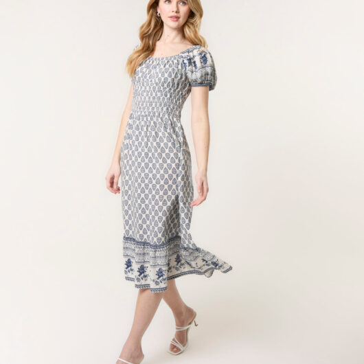 Border Print Puff Sleeve Midi Dress - L / NAVY
