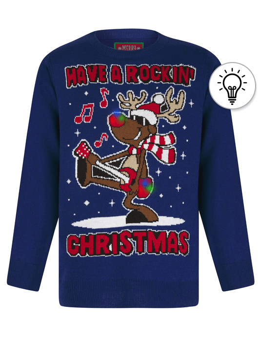 Jumpers Boy's Rockin Rudolph LED Light Up Novelty Knitted Christmas Jumper in Sapphire - Merry Christmas Kids (4-12yrs) / 4-5 Years - Tokyo Laundry