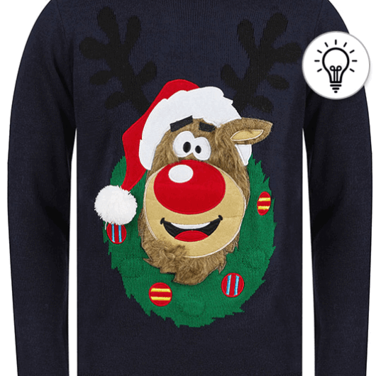 Jumpers Men's Reindeer Wreath Motif LED Light Up Novelty Christmas Jumper in Ink - Merry Christmas / S - Tokyo Laundry