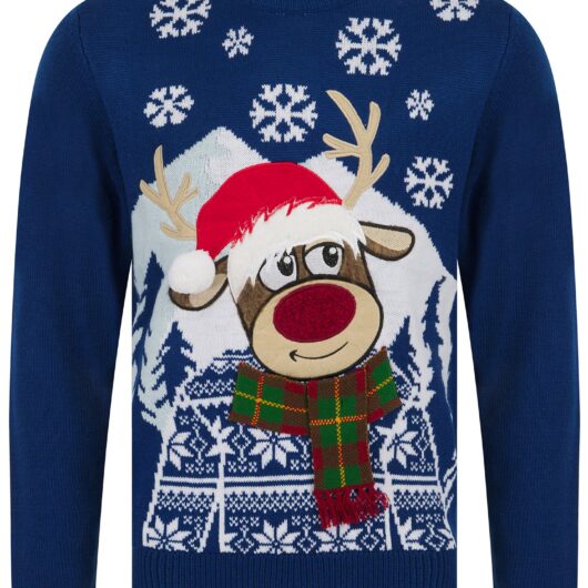Jumpers Men's Snow Deer Motif Novelty Christmas Jumper in Sapphire Blue - Merry Christmas / S - Tokyo Laundry