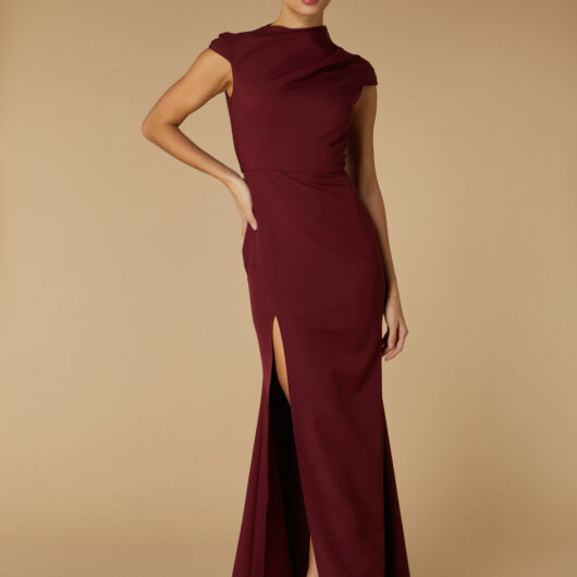 Kip High Neck Maxi Dress with Cap Sleeves, UK 18 / US 14 / EU 46 / Burgundy